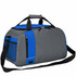 A grey and blue duffel bag with a shoulder strap, featuring zippers and mesh pockets, and a branding logo.