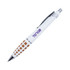 A metal pen with a white barrel and brown patterned grip, featuring a logo on the side.
