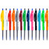 A collection of plastic Clic Pens in various colours, featuring a logo, with retractable mechanisms and silver tips.