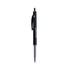 A black plastic pen with a silver clip, featuring a logo on the barrel.