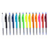 A collection of plastic pens in various colours: white, grey, blue, green, yellow, orange, pink, and red. Each has a logo.