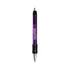 A purple metal grip pen with a black rubber grip, featuring a logo on the barrel.