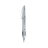 A silver pen with a grip section, featuring a logo on its side. Designed for writing.