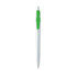 A metal pen with a shiny silver body and a green grip, featuring a branding logo.