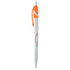 A metal pen in silver with an orange clip, featuring a logo on the barrel.