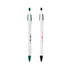 A curved pen with white body, green and black accents, featuring a logo on one side.