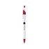A curved pen featuring a white body with red accents and a logo printed on it.