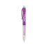 A purple pen with a transparent barrel and a white grip, featuring a logo on the side.