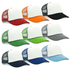A variety of Trucker Roadhouse Caps in red, orange, black, green, grey, navy, blue, and light blue, featuring mesh sides and a logo.