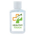 A clear 60ml bottle of hand sanitiser gel, containing 75% ethyl-alcohol, with a logo on the front.
