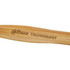 A bamboo toothbrush with a smooth, natural finish and a branding logo engraved on the handle.