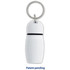 A white hotel keychain with a rounded design and silver keyring. It features a simple, sleek look.
