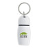 A white hotel keychain featuring a green chameleon logo and a silver keyring.