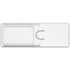 A clear plastic magnifier ruler with a rectangular body and metric measurements. It features a circular cut-out.