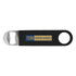 A drink bottle opener in black, featuring a stainless steel opener and a logo.