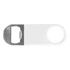 A drink bottle opener featuring a silver metal opener and white vinyl handle, with a logo on the handle.