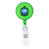 A green round badge holder with a retractable cord and a clear attachment clip, featuring a logo on its front.