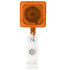 An orange rectangle badge holder with a retractable reel and a clear metal clip for attachment.