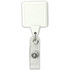 A clear rectangular badge holder with a retractable reel and metal clip. It features a white square attachment.
