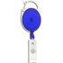 A blue retractable badge holder with a silver clip and a clear reel for easy access.
