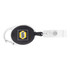A retractable badge holder with a black casing, silver clip, and transparent strap, featuring a logo.