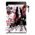 A microfibre iPad pouch featuring pink and black designs, with a logo and stylised graphics.
