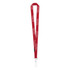 A red custom lanyard featuring a branding logo and a metal clip at the end.