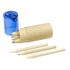 A set of coloured pencils in a kraft tube, accompanied by a blue sharpener. The pencils are various vibrant colours.
