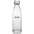 A drink bottle in clear plastic with a silver cap and a logo on the side.