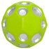 A bright lime green high bounce ball with silver holes, featuring a logo on the surface.