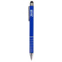 A blue stylus pen with a silver grip and a branding logo on the barrel.
