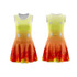 A women's full-skirt netball dress in yellow and orange with a flame design, featuring a zip and a logo.