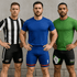 Three men standing side by side, each wearing fitted sports shorts in black and white, blue, and green with branding.