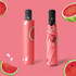 A pink watermelon-themed umbrella with a matching sleeve, featuring vibrant green and red watermelon designs.