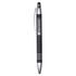 A metal pen in black with silver accents, featuring a logo on the side.