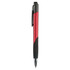 A plastic pen with a sleek red barrel and black grip, featuring a clip and chrome details.