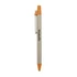 A pen with an orange tip and clip, featuring a natural-coloured body and a logo.