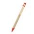 A wooden pen with an orange tip and cap, featuring a simple design and a logo on the barrel.