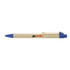 A blue pen with a natural paper barrel and a clip, featuring a logo on the side.