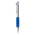 A metal pen with a blue rubber grip and silver accents, featuring a clip and a branding logo.