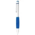 A metal pen with a blue grip and silver barrel, featuring a clip and a logo.