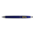 A blue stylus pen with a silver tip and branding on the side.