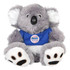 A grey plush koala with a blue shirt and white accents, featuring a small logo on the shirt.