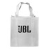 A white shopping tote bag with a gusset and a black logo on one side.