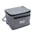 A grey cooler bag with a chevron pattern and a side pocket, featuring a logo on the front.