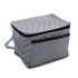 A grey cooler bag with a chevron pattern, featuring a zippered top and a front pocket. It has an attached handle.