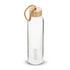 A drink bottle made of clear glass with a wooden lid and a rope handle. It features a logo on the front.