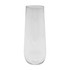 A stemless shatterproof champagne glass in clear plastic with a smooth, modern design. It features a logo.
