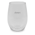 A stemless, shatterproof red wine glass in clear plastic with a logo. Suitable for outdoor use.