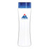 A drink bottle made of clear Tritan, featuring a blue lid and a sports brand logo.